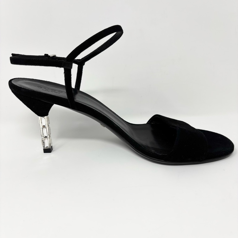 Gucci Black Suede Crystal-Heel Sandals Adlena Size EU 38.5 / US 8.5 - Picture 3 of 16